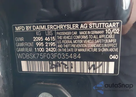 2003 Mercedes-Benz Sl 500 z USA, uszkodzony, nr VIN WDBSK75F03F035484